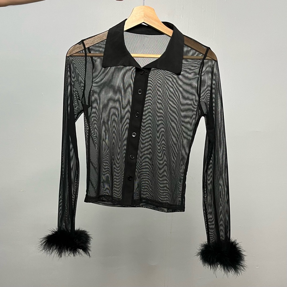 Sheer black mesh button up top with ostrich feather trim